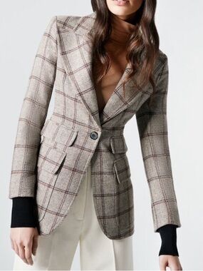 SMYTHE Rib Cuff Birkin Blazer Griege Grid Black Wool Blend Sz 8